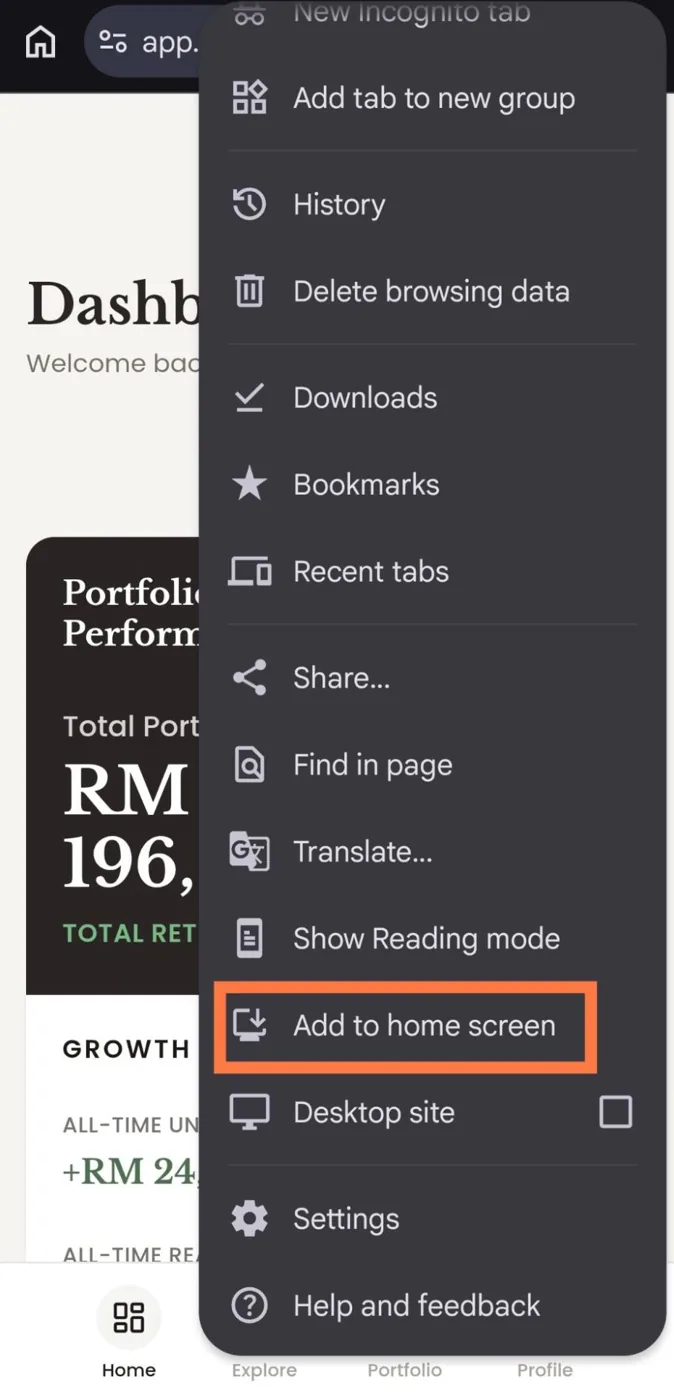 Chrome menu with Add to home screen highlighted