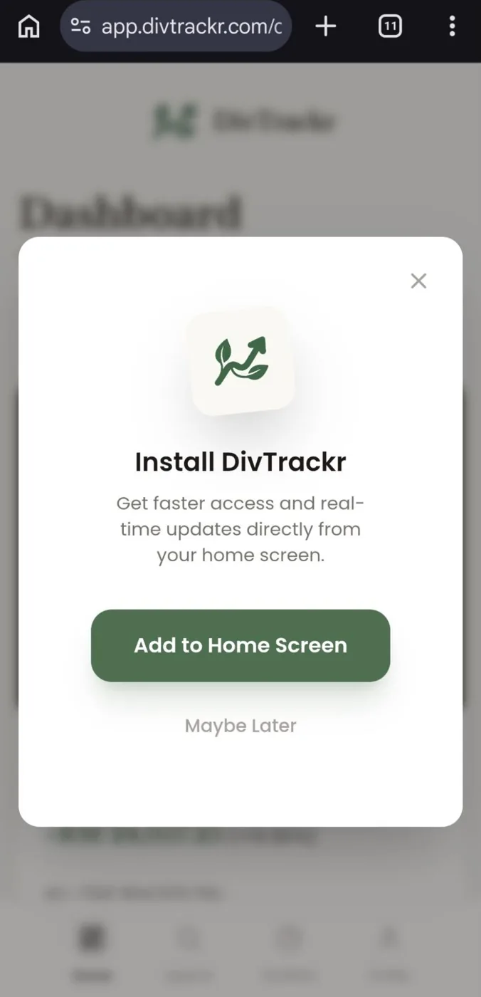 DivTrackr Install prompt with an Add to Home Screen button