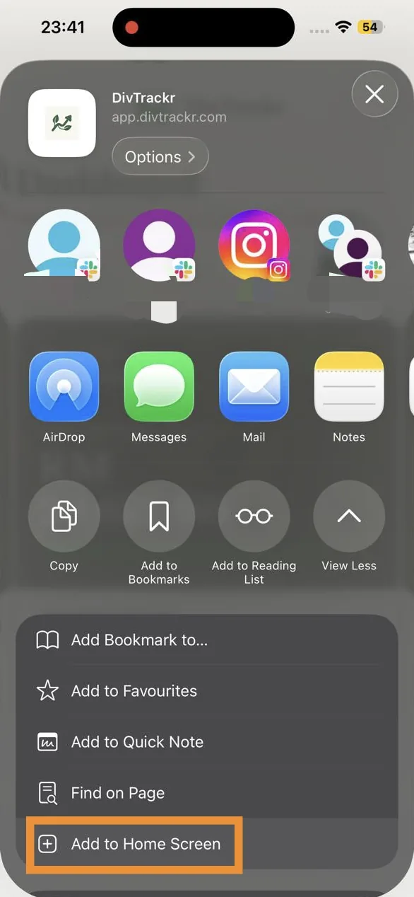 iPhone share sheet with Add to Home Screen highlighted