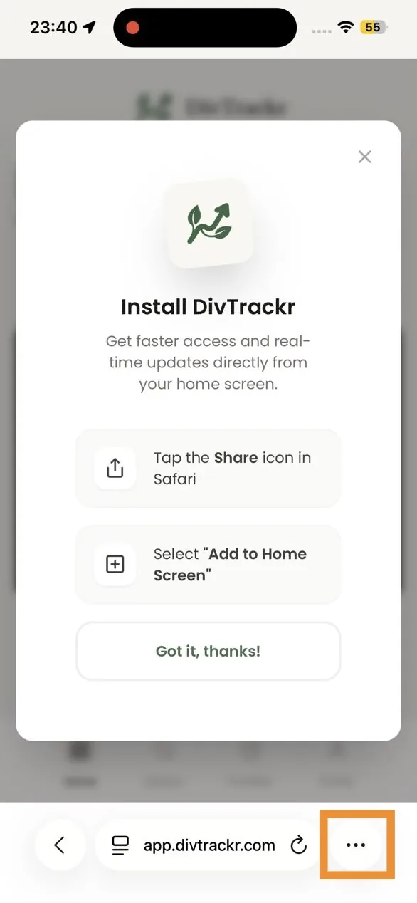 Safari on iPhone with the menu button highlighted