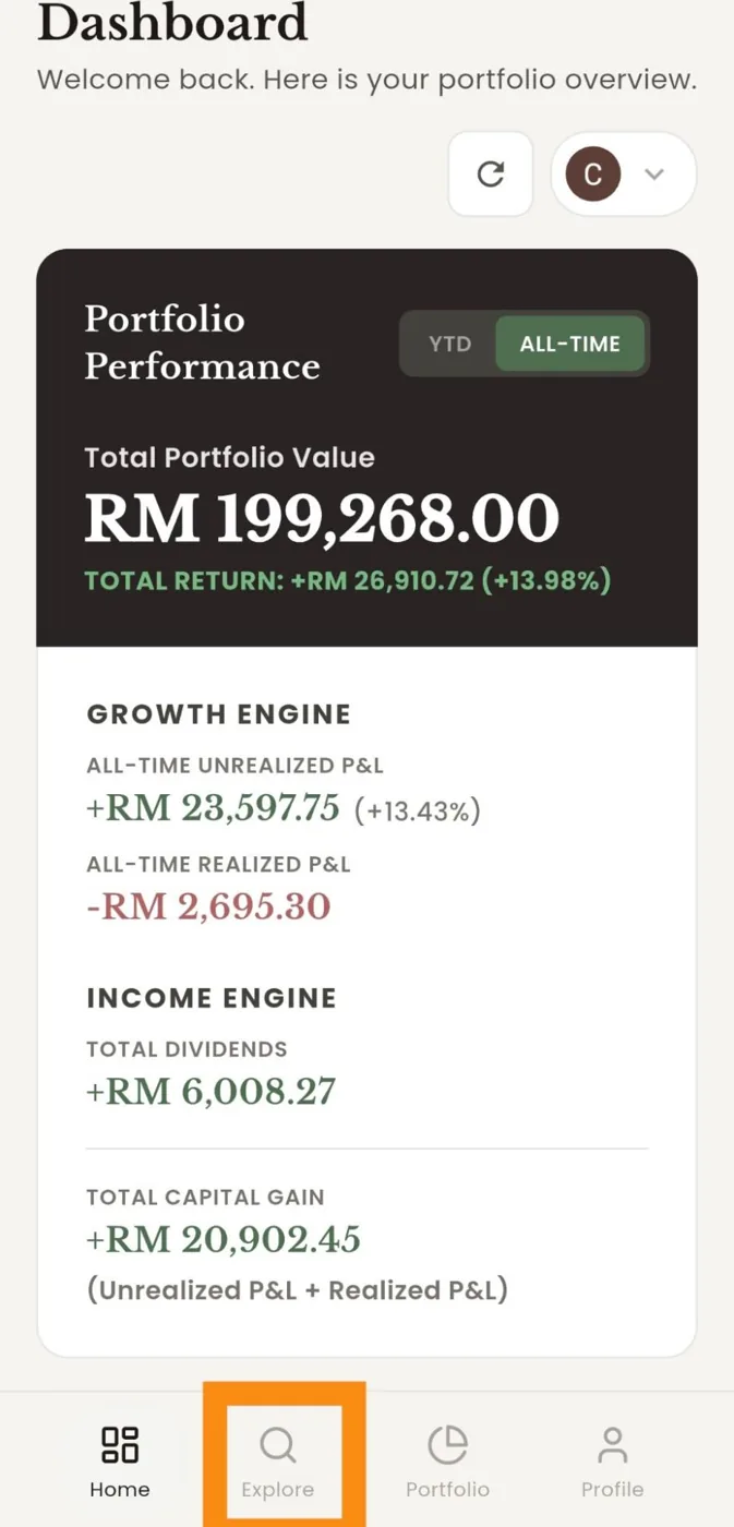 DivTrackr dashboard with the Explore tab highlighted in the bottom navigation