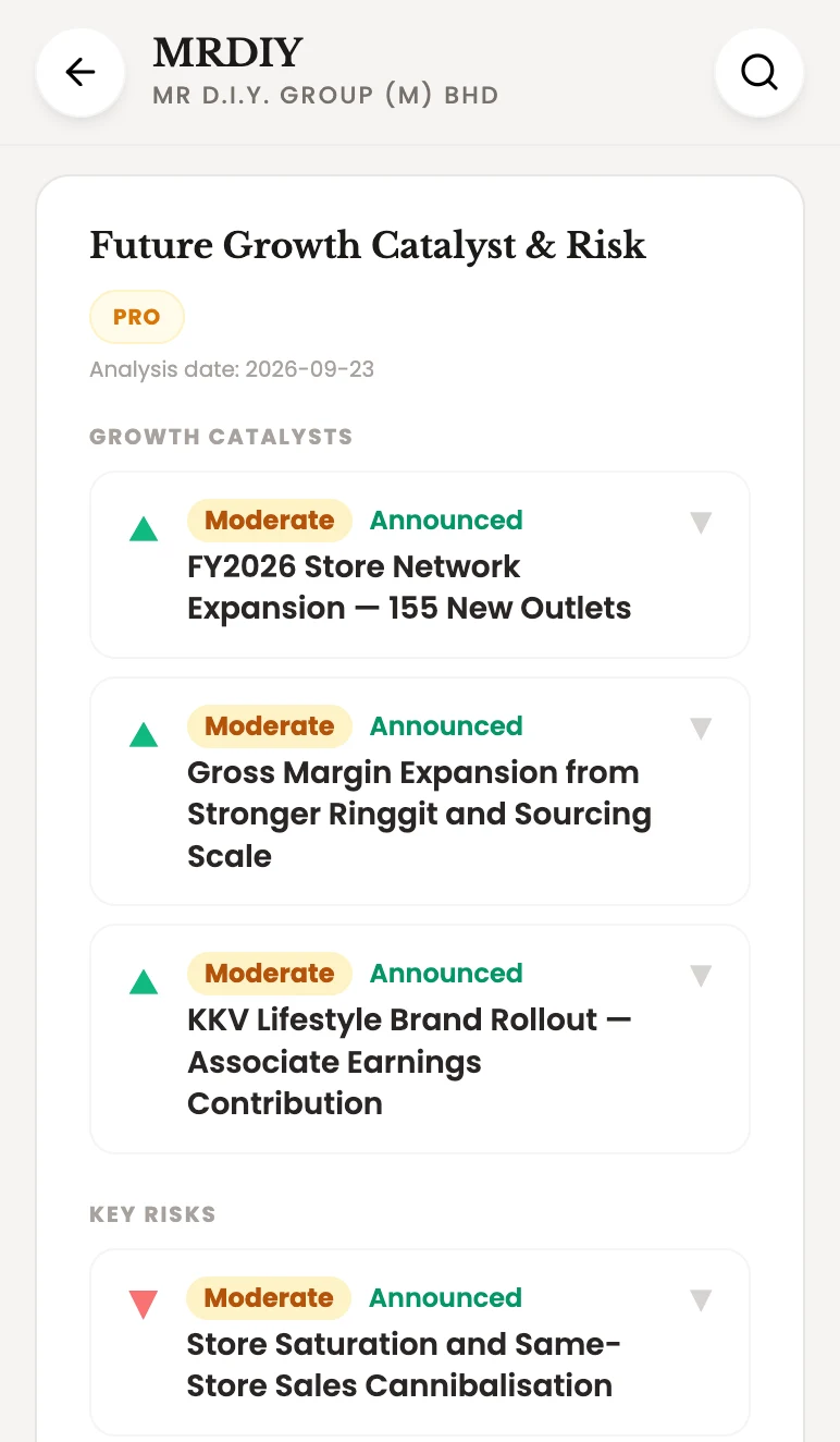 Future Growth Catalyst and Risk PRO section listing MRDIY's growth catalysts and key risks