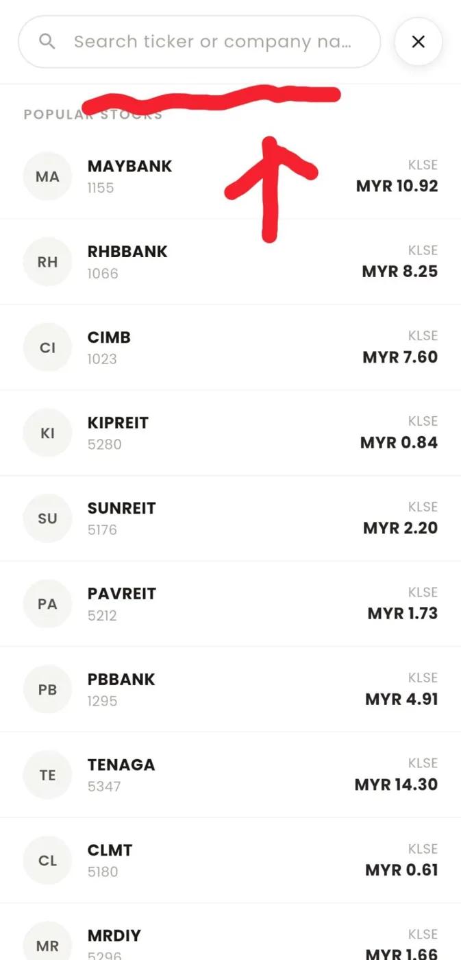 Explore search screen listing popular Bursa stocks such as Maybank, RHB Bank and CIMB