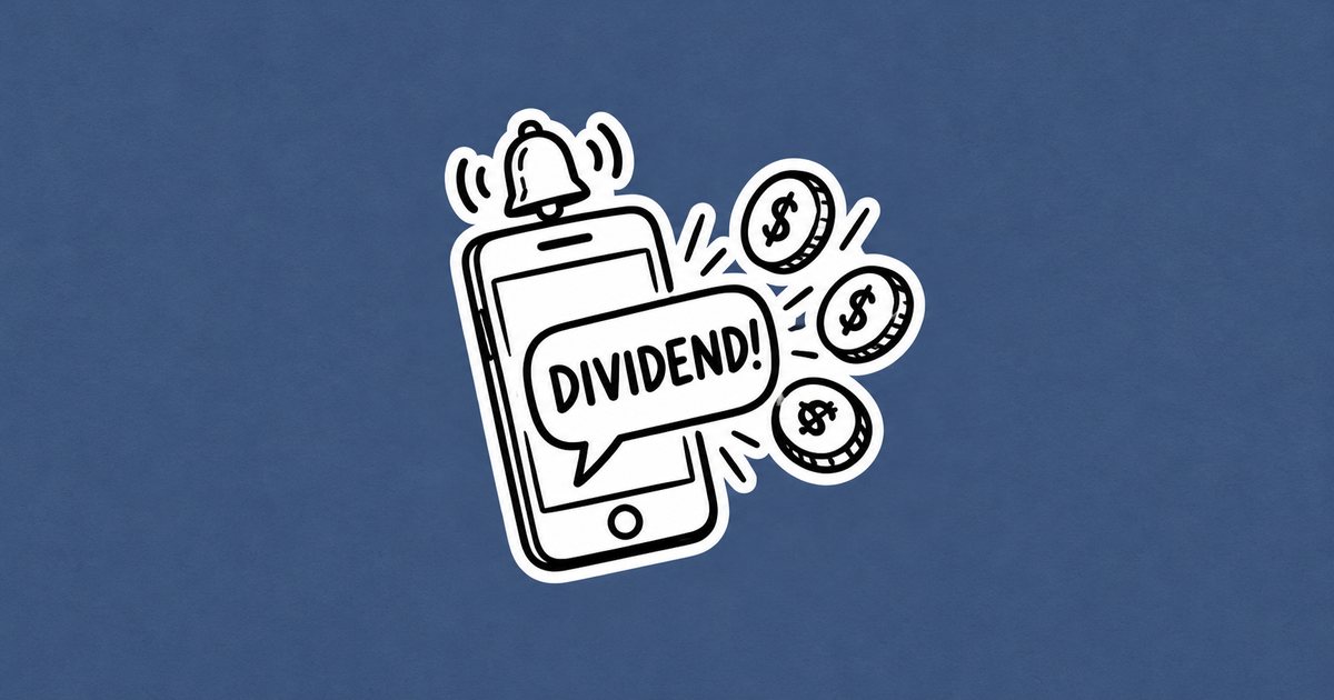 Hand-drawn doodle of a phone with a ringing bell and a Dividend notification bubble with coins