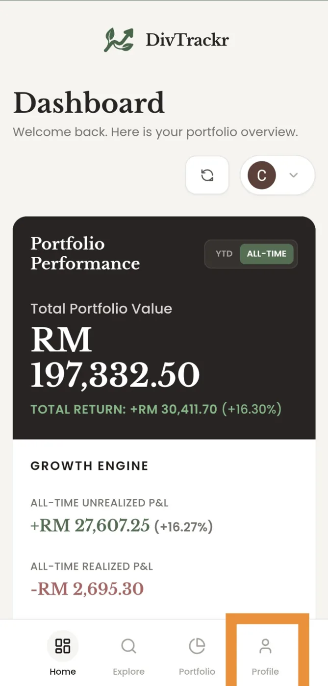 DivTrackr dashboard with the Profile tab highlighted in the bottom navigation