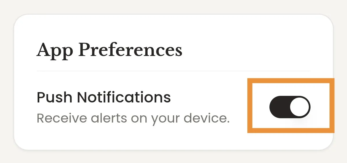 App Preferences with the Push Notifications toggle highlighted